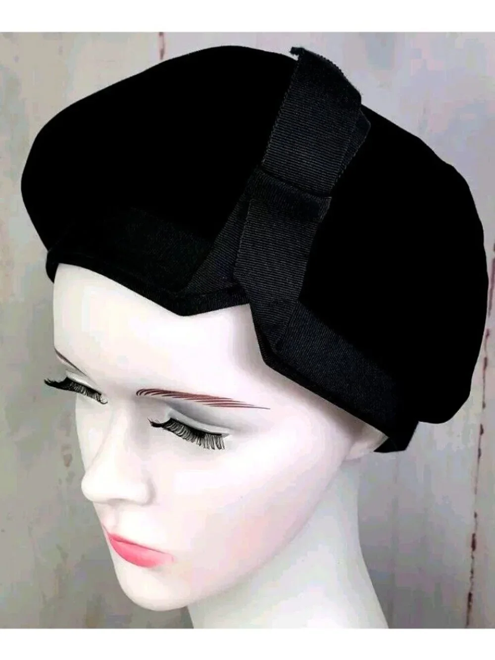 Vtg Union Black Velvet Slouch Beret Cap Hat Ribbon United Hatters Millinery MED